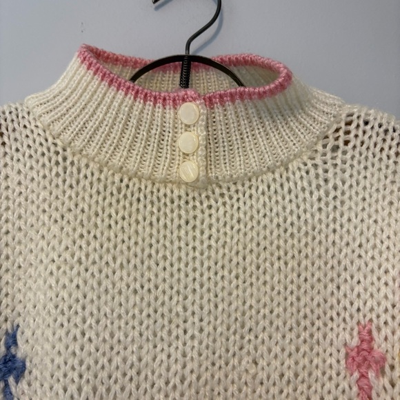 Vintage 80s Nordic Star Sweater M/L Oversized Cream Pink Blue | Made in Korea - Picture 3 of 6